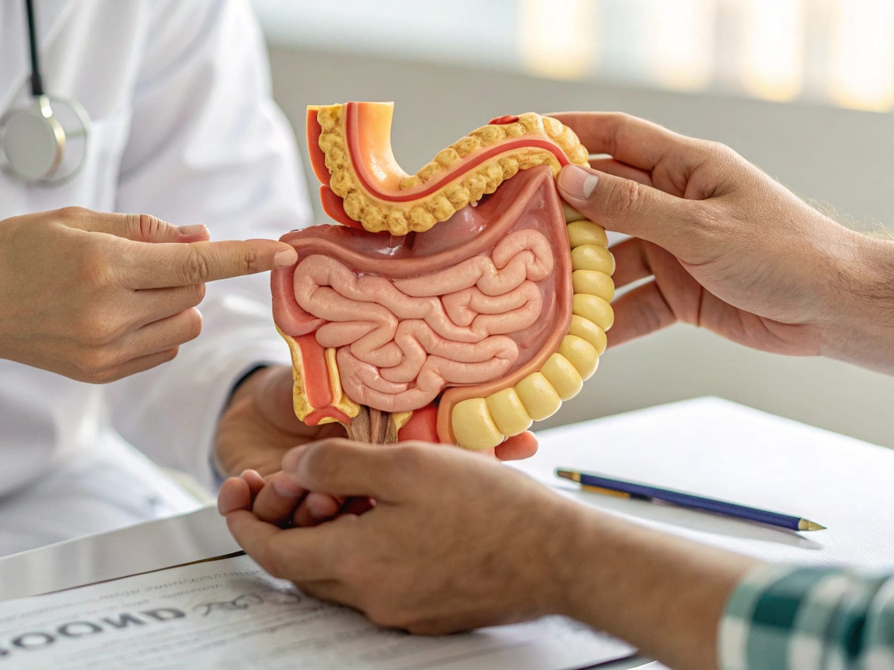 Gastroenteróloga señalando un modelo anatómico del sistema digestivo frente a un paciente